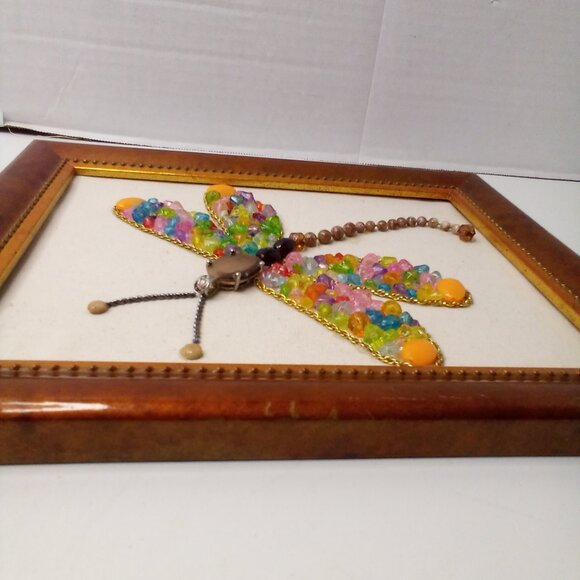 Handmade Dragonfly Beaded Artwork Stones Mixed Media Canvas Framed Decor 12 x 10 - Picture 13 of 15